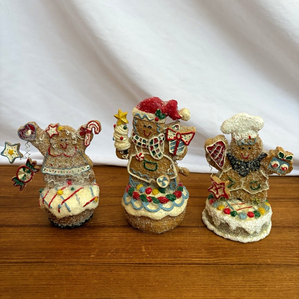 Set of 3 Resin Glitter Gingerbread Man Christmas Figurines On Cake 5" Multicolor